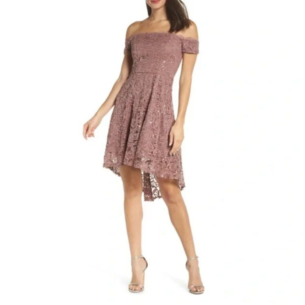 🌹 SEQUIN HEARTS 🌹 Off Shoulder Sequin Lace High Low Dress - [Size 11, Mauve]